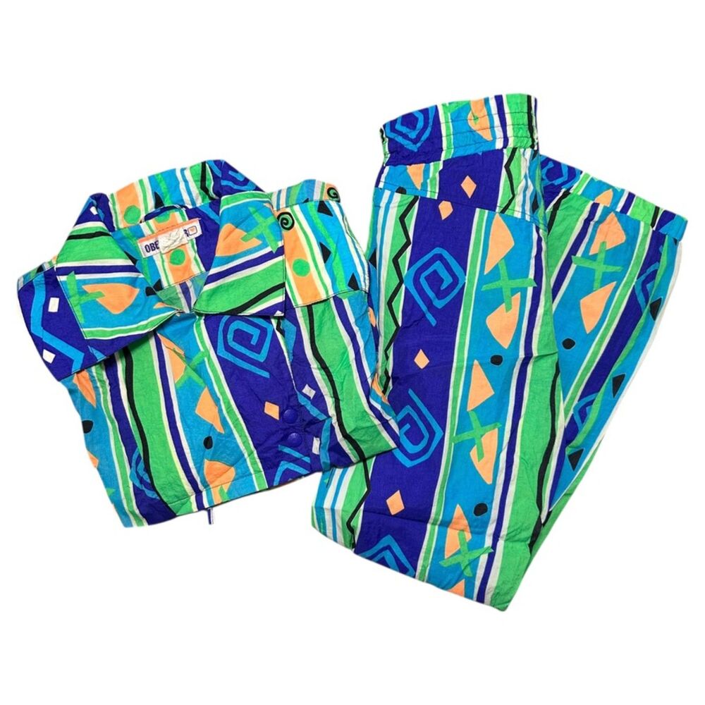 Vintage Obermeyer Juniors Retro Neon Geometric Stripes Ski Set, Size 12/14